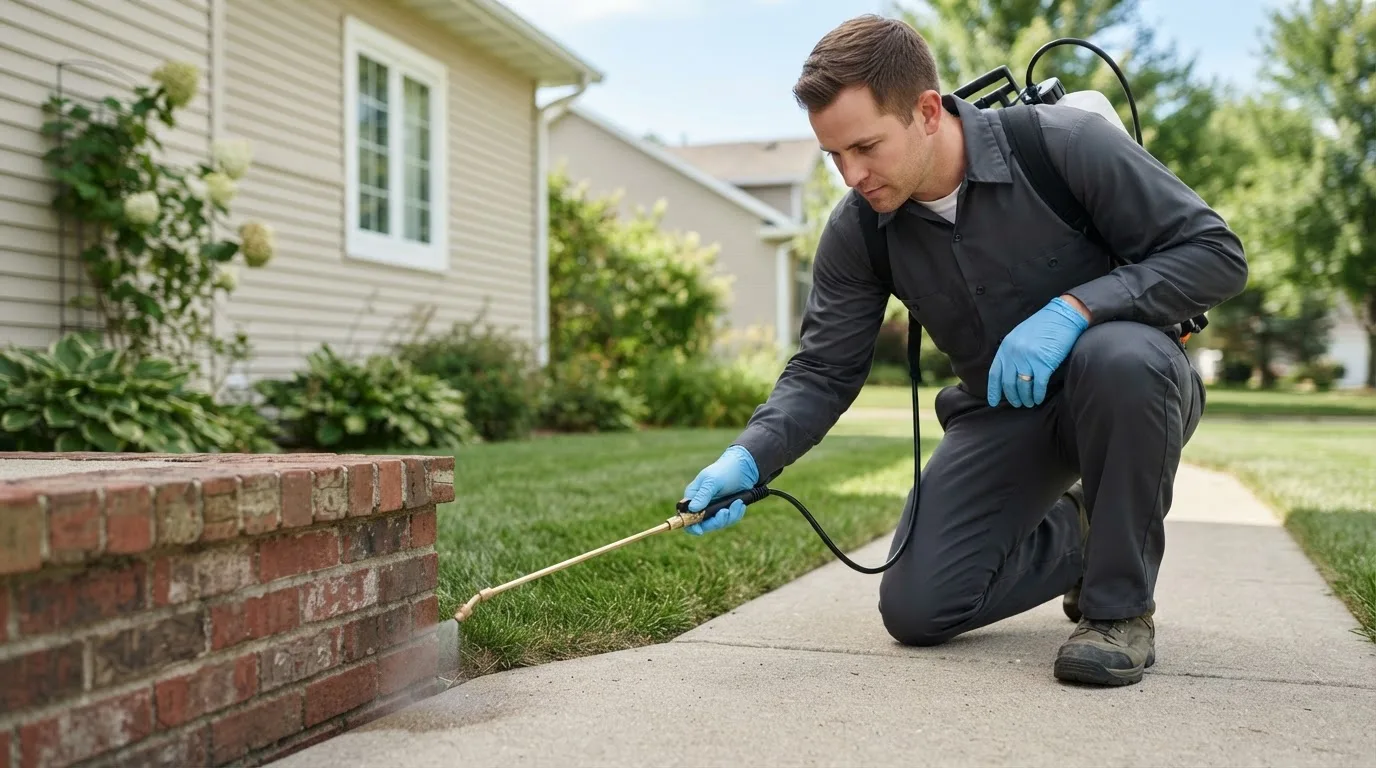 Pest control technician treating a home near Midvale, UT